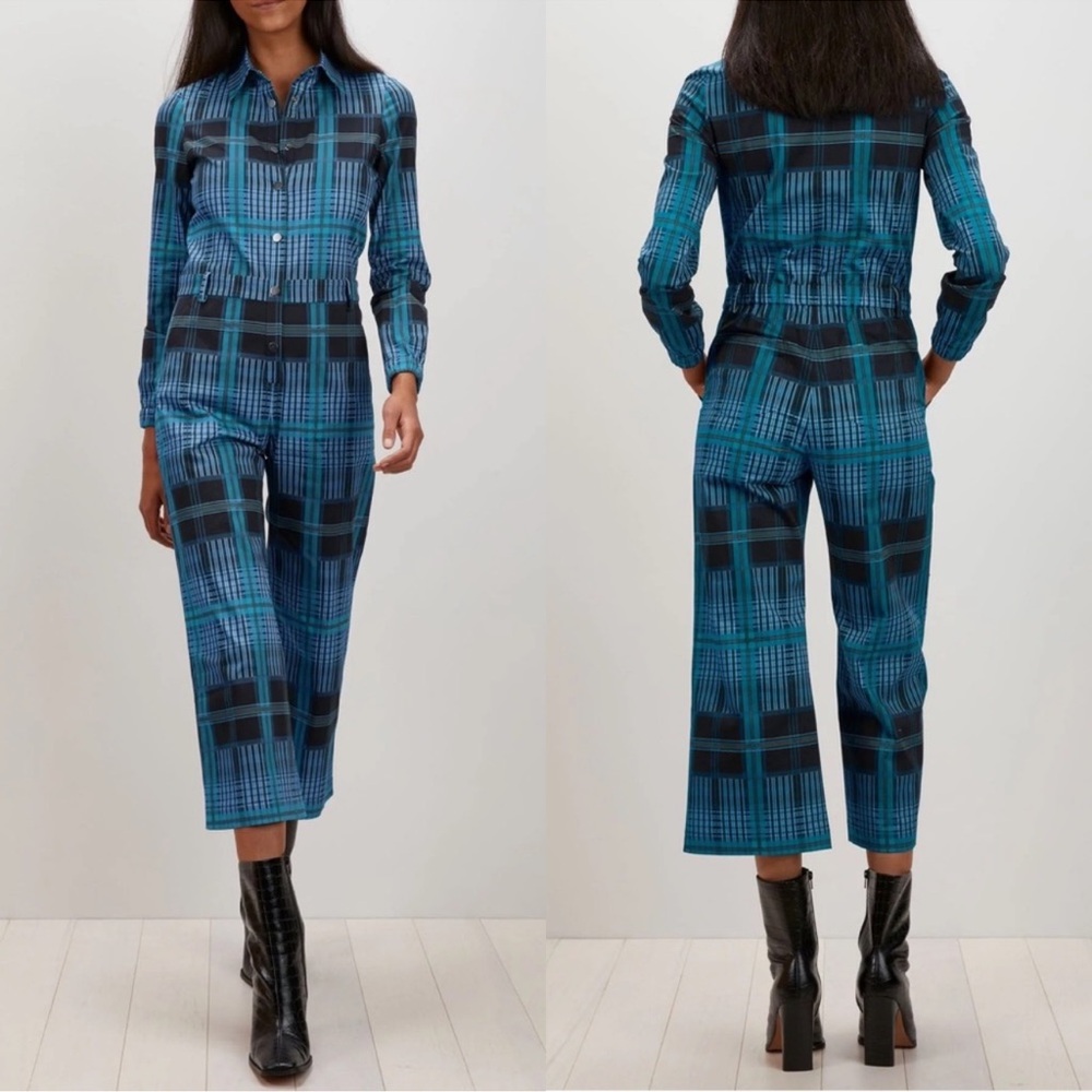 The Kit Alex Ocean Plaid Utility Cropped Jumpsuit Organic Cotton XS
